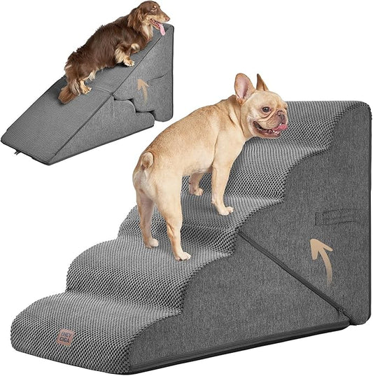 EHEYCIGA Curved Foldable Dog Stairs Ramp for High Beds 22.5" H, 5-Step Dog Steps for Small Dogs and Cats, Pet Stairs for High Bed Climbing, Non-Slip Balanced Pet Step Indoor, Grey-PawvioPets