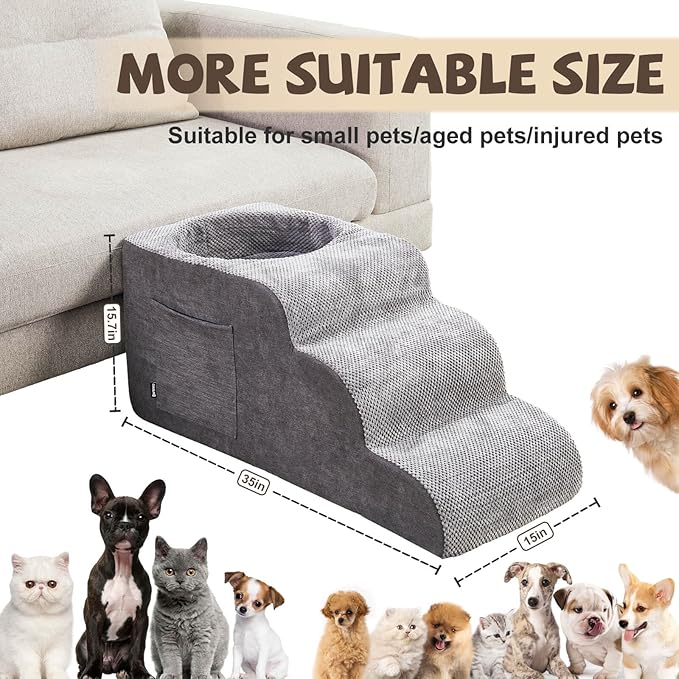 Dog Stairs, Dog Stairs for Small Dogs, 3-Step Pet Stairs, Dog Steps for Bed, Dog ramp, pet Stairs for high beds, Old Dog pet Steps, Non-Slip Pet Step Indoor, Grey-PawvioPets