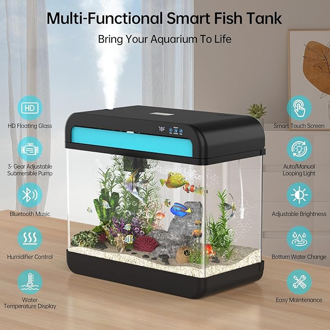 Fish Tank Aquarium 6.3 Gallon Fish Bowl with Music Humidifier 7 Color Auto-Looping Light Adjustable Quiet Pump, Temperature Display, Bottom Water Changer, HD Float Glass, Leak-Proof Thickened Base-PawvioPets