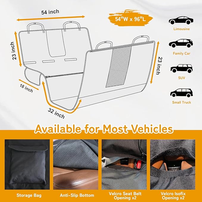 Full-Coverage Dog Seat Cover for Back Seat, 600D Ripstop Dog Hammock for Car,100% Waterproof CarSeat Protector, Suv Cargo Liner for Dogs, Armrest&Child Car Seat Accessible,Install Once,Stay Put-PawvioPets