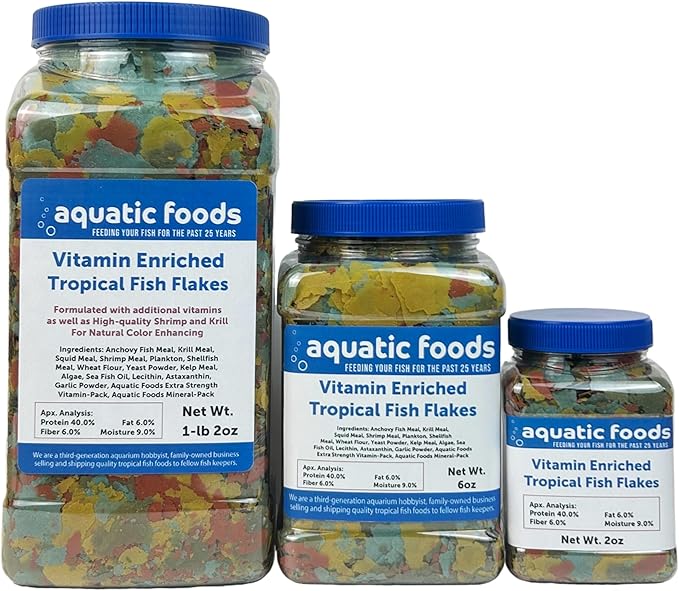 Aquatic Foods Inc. Premium Vitamin Enriched Tropical Fish Flakes, Vitamin Pack, Krill, Color Enhancing, Spirulina Flakes for All Tropical Fish Also Pellet Mix, Wafer Mix Included…2oz-PawvioPets