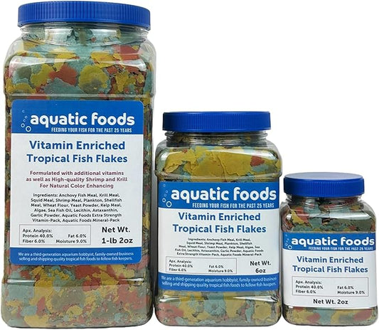 Aquatic Foods Inc. Premium Vitamin Enriched Tropical Fish Flakes, Vitamin Pack, Krill, Color Enhancing, Spirulina Flakes for All Tropical Fish Also Pellet Mix, Wafer Mix Included…1-lb 2oz-PawvioPets