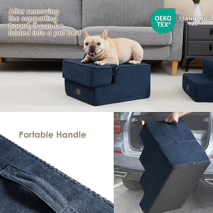 EHEYCIGA Dog Stairs for Small Dogs 13.5" H, 3-Step Dog Steps for Couch Sofa and Chair, Pet Steps for Medium Cats, Non-Slip Balanced Pet Ramp Indoor, Navy Blue-PawvioPets