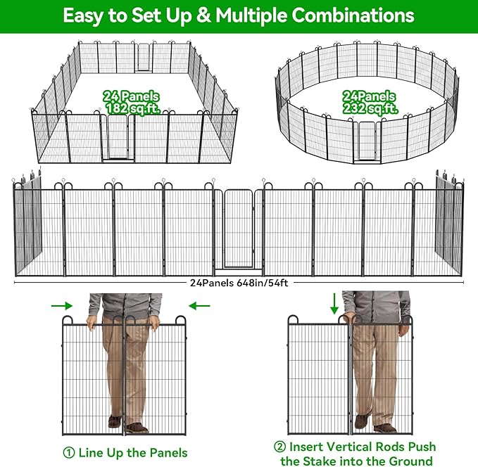 Dog Playpen Outdoor 24 Panels Heavy Duty Dog Fence 47" Height Anti-Rust with Doors Portable for RV Camping Yard, Total 54FT, 227 Sq.ft, Snowy Black-PawvioPets