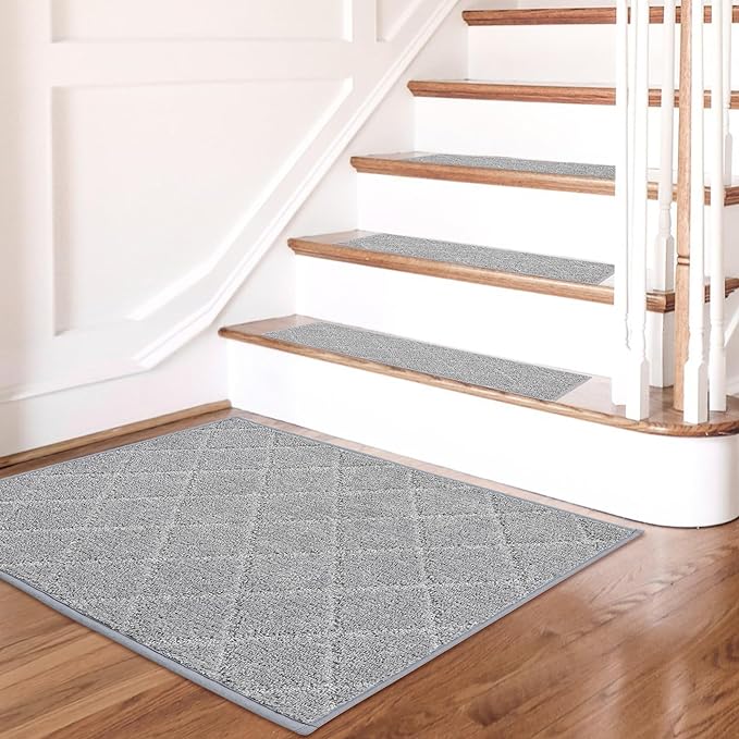 COSY HOMEER Edging Stair Treads Non-Slip Corner Indoor Stair Runners for Wooden Steps,Landing Slip Resistant Stair Rugs for Kids and Dogs, 100% Polyester TPE Backing,Grey,20"X32"-PawvioPets