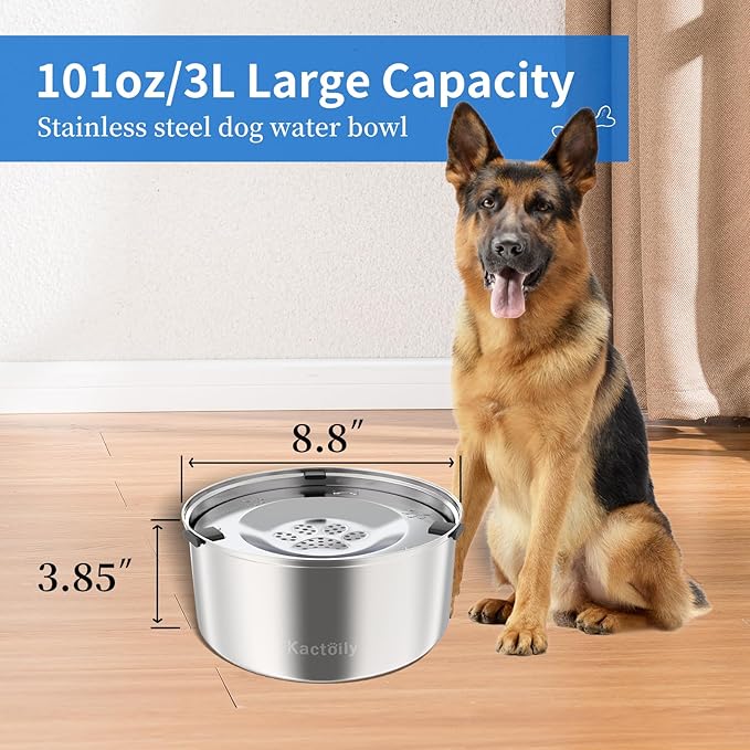 3L/101oz Large Capacity Dog Water Bowl Stainless Steel No Spill Dog Bowls Slow Drinking Dog Water Feeder Dispenser-PawvioPets