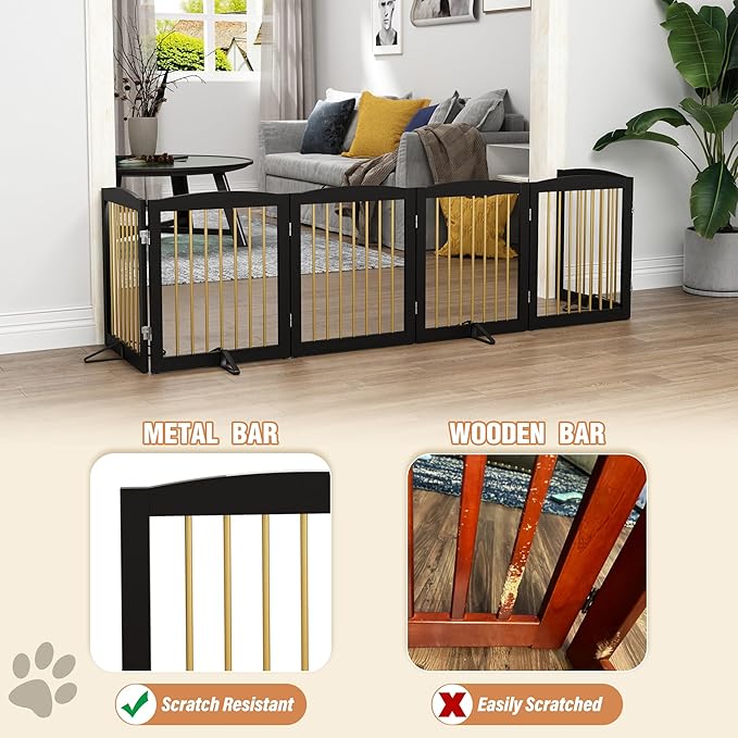 Freestanding Pet Gate for Dogs, Foldable Wooden Dog Gate for House, Extra Wide Indoor Pet Barrier for Stair, Doorway, Hall, Support Feet Included, 120 Inch Wide, 6 Panels 24",Black&Gold-PawvioPets