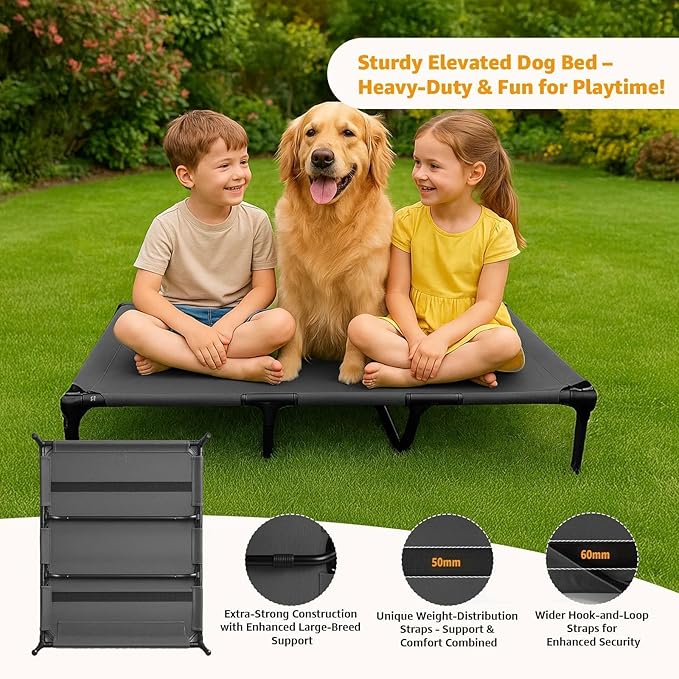 Canvas Elevated Dog Bed, Durable Chew Proof Outdoor Raised Pet Cot for Extra Large Dogs, Waterproof, Breathable, Portable, Washable, Easy Assembly, Sturdy Frame for Camping & Travel, Dark Grey-PawvioPets