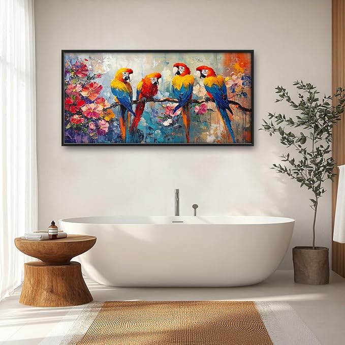 Extra Large Framed Parrot Bird Wall Art,Oversized Abstract Colorful Parrots Flower Wall Decor Pictures for Living Room,Canvas Print Painting Modern Artwork Bedroom Office Bathroom Home Decor 60L x30W-PawvioPets