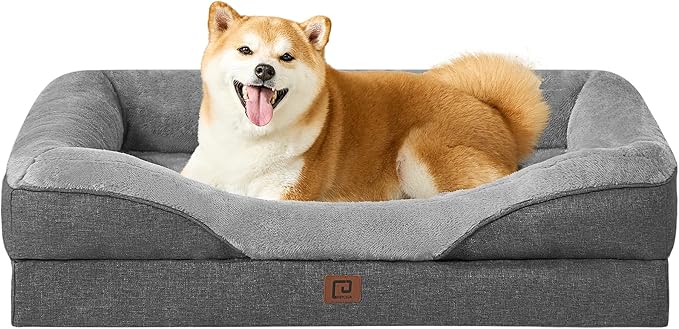 EHEYCIGA Memory Foam Dog Bed for Large Sized, Orthopedic Dog Sofa with Sides and Waterproof Liner, Washable Bolster Pet Bed Couch with Removable Cover, 36x27x7 Inch, Grey-PawvioPets