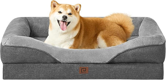 EHEYCIGA Memory Foam Dog Bed for Large Sized, Orthopedic Dog Sofa with Sides and Waterproof Liner, Washable Bolster Pet Bed Couch with Removable Cover, 36x27x7 Inch, Grey-PawvioPets