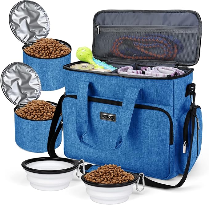 BAGLHER Dog Travel Bag, Pet Travel Bag (ALL Pet Travel Supplies), With 2 Pet Food Containers and 2 Collapsible Silicone Bowls; Essential Kits for Pet Travel Blue-PawvioPets