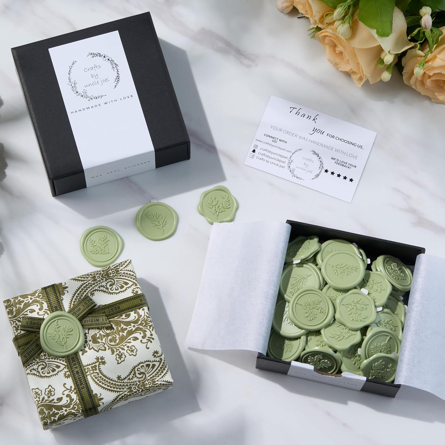 Sage Green Wax Seal Stickers (60 Pcs, 3 Designs in 1 Pack) Premium Envelope Seal Stickers Wedding Invitation Envelopes, Adhesive Wax Seals Perfect for Seating Chart, Gift Wrapping