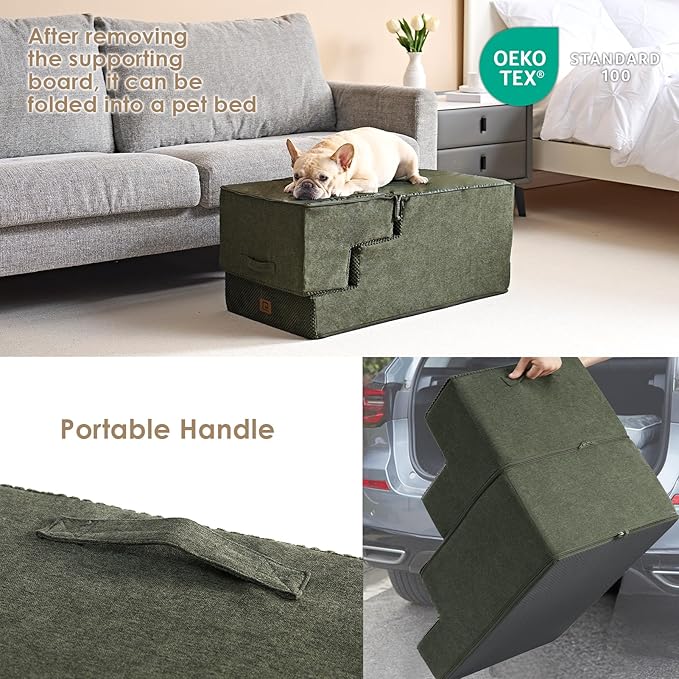 EHEYCIGA Dog Stairs for High Bed 22.5" H, 5-Step Dog Steps for Bed, Pet Steps for Small Dogs and Cats, Non-Slip Balanced Pet Ramp Indoor, Olive Green-PawvioPets