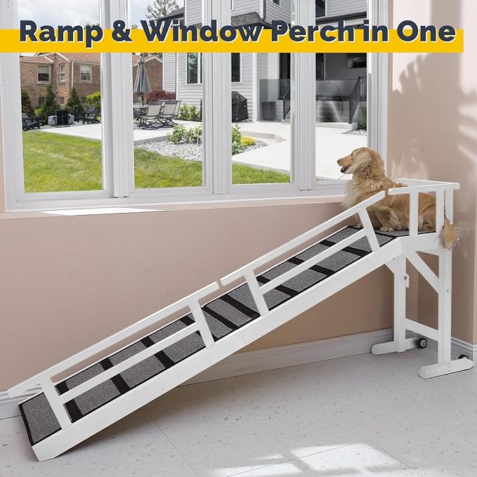 Dog Ramp for Bed or Couch, Wooden Pet Ramp with 20° Gentle Slope, Removable Side Rails, Non-Slip Surface, Top Platform & Wheels, Safe Bed Ramp for Small, Medium & Senior Dogs, 74" Long, White-PawvioPets