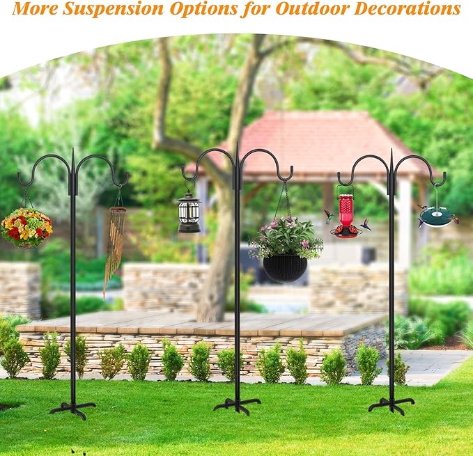 FEED GARDEN Adjustable Double Shepherds Hook for Outdoor with 5 Prong Base 76 Inch Heavy Duty Two Sided Bird Feeder Pole for Hanging Plant Baskets, Solar Light Lanterns, Wind Chimes 2 Pack-PawvioPets