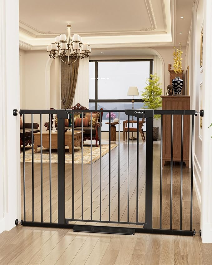 Cumbor 36" Extra Tall Baby Gate for Stairs, 29.7-54.2" Extra Wide Dog Gate for Doorways Hallways, Pressure Mounted Child Gate for Wide Opening, Auto Close Personal Safety for Babies and Pets, Black-PawvioPets