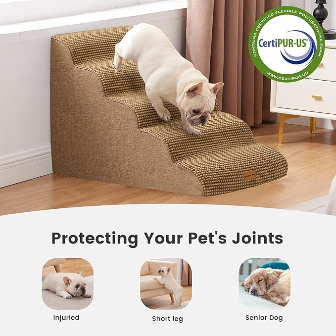 Gardner Pet Dog Stairs for Small Dogs 22.8" H, 5-Step Brown Curved Pet Stairs, Dog Steps for High Bed, Couch (24-30 in) with Durable Non-Slip Waterproof Fabric Cover and CertiPUR-US Certified Foam-PawvioPets