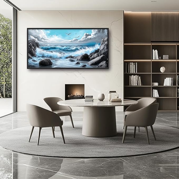 Extra Large Framed Abstract Sea Ocean Wall Art,Black and White Wall Decor, Coastal Seashore Pictures for Living Room,Canvas Print Painting Modern Artwork Bedroom Office Bathroom 60L x 30W-PawvioPets