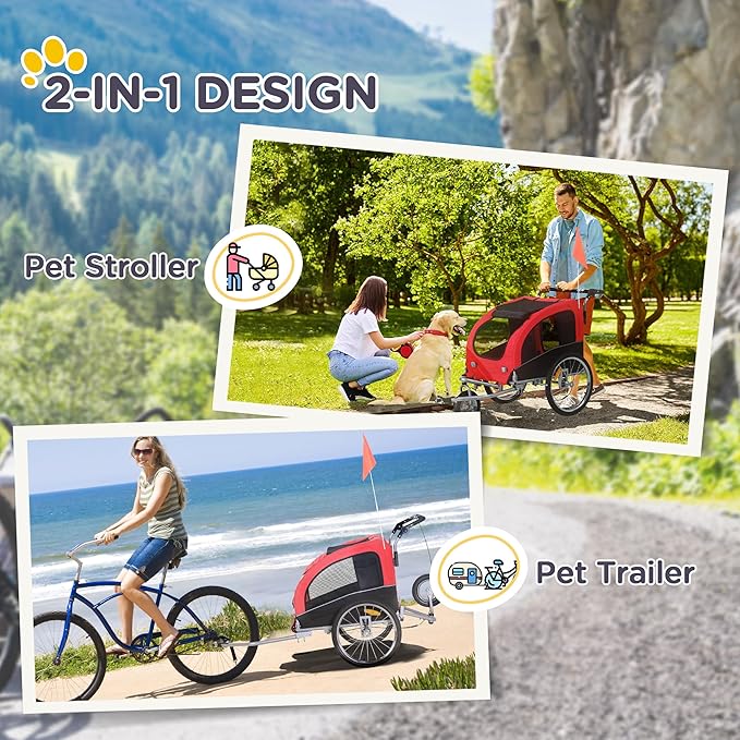 Aosom Dog Bike Trailer 2-in-1 Pet Stroller with Canopy and Storage Pockets-PawvioPets