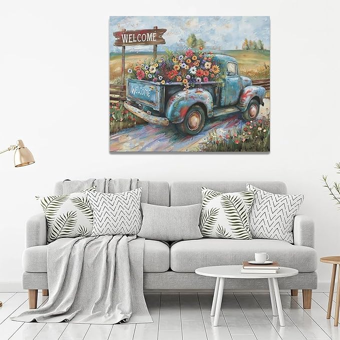 Farmhouse Truck Wall Art Rustic Country Wildflowers Wall Decor Road Flowers Landscape Pictures Canvas Print Painting Artwork for Bathroom Living Room Bedroom 20"x24"-PawvioPets