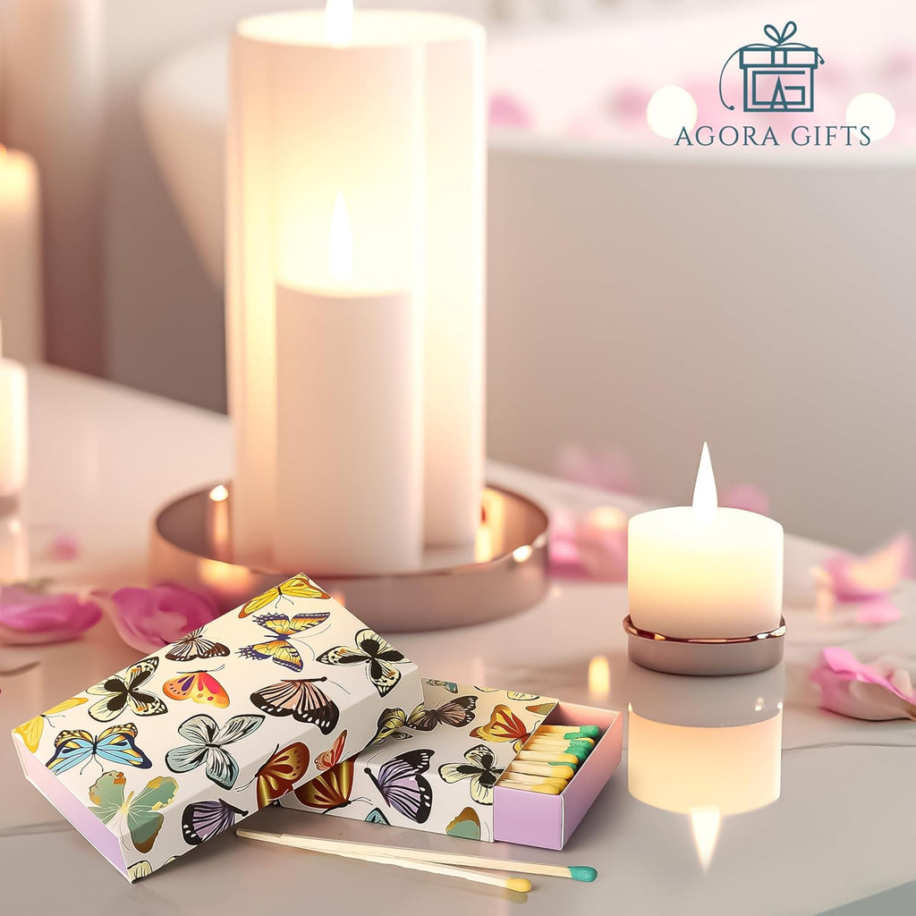 Decorative Matches Box -4-Inch Long Matches for Candles with Strike - Wooden Colorful Candle Sticks with Rainbow Tips - 50 Pc Match Sticks - Matchbox Designs of Your Choice (2 Unique Box Designs)