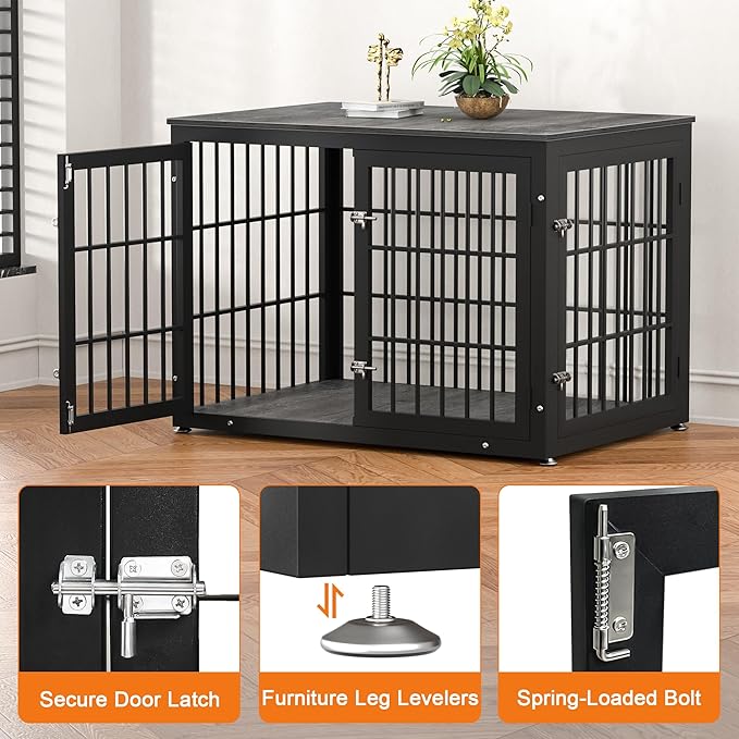 42 Inch Heavy Duty Dog Crate Furniture for Large and Medium Dogs, Decorative Pet House End Table, Wooden Cage Kennel Furniture Indoor, Gray-PawvioPets