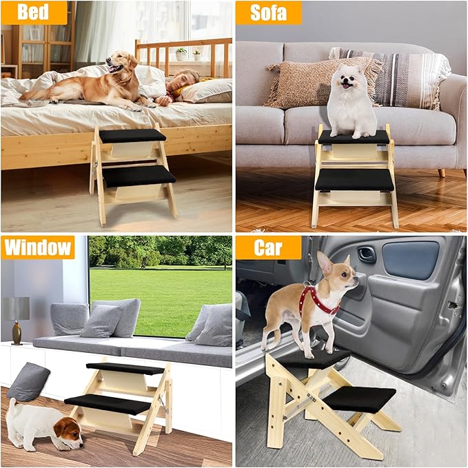 Foldable Dog Stairs/Ramp with 2 Steps - Durable Wooden Pet Stairs for Small, Medium, Large Dogs - Black (No Assembly Required)-PawvioPets