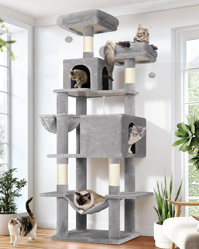 Globlazer Cat Tree Tower, 76-Inch Extra Tall Multi-Level Cat Furniture with Cozy Condos, Hammock and Perches for Adult Cats, Perfect for Climbing, Scratching, and Play, F76, Light Grey-PawvioPets