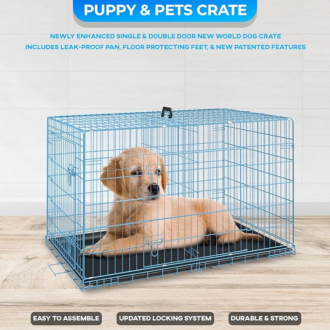 FDW Dog Crate for Small Dogs 24 Inch Folding Metal WirePet Cage Double Door W/Divider Panel Indoor Outdoor Kennel Leak-Proof Plastic Tray,Blue-PawvioPets