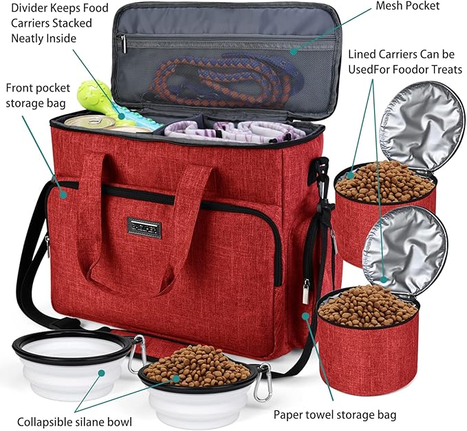 BAGLHER Dog Travel Bag, Pet Travel Bag (ALL Pet Travel Supplies), With 2 Pet Food Containers and 2 Collapsible Silicone Bowls; Essential Kits for Pet Travel Red-PawvioPets