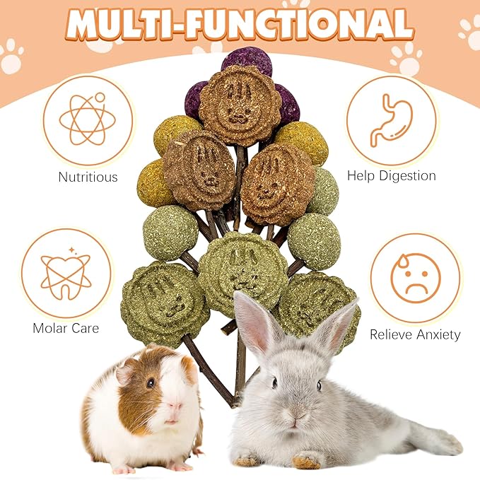 Fhiny Rabbit Chew Toys, 30 PCS Natural Bunny Lollipop Chew Sticks Handmade Guinea Pig Molar Treats for Teeth Small Animals Snacks for Guinea Pig Bunny Chinchilla Hamster Gerbil Teeth Care-PawvioPets