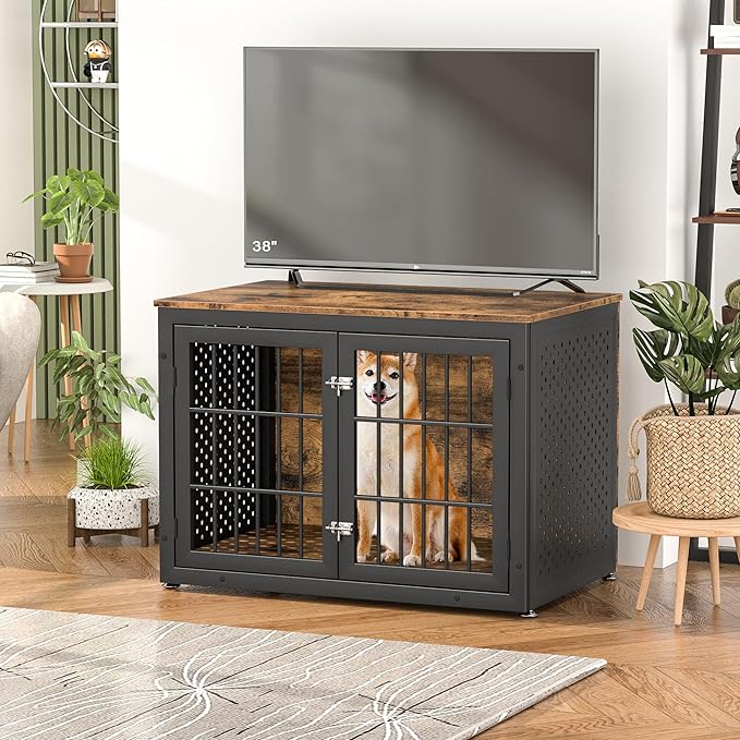 38" Heavy Duty Dog Crate Furniture for Large and Medium Dogs,Wooden Metal Kennel for High Anxiety Dogs, Chew Proof Pet Cage Indoor, Decorative Dog Kennel End Table-PawvioPets