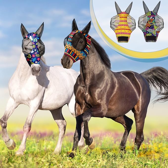Frienda 4 Pieces Horse Fly Masks with Ears Face Covering UV Protection from Insect Pests Elasticity Smooth Comfortable Mesh Horse Mask Accessories(Geometric,Medium)-PawvioPets
