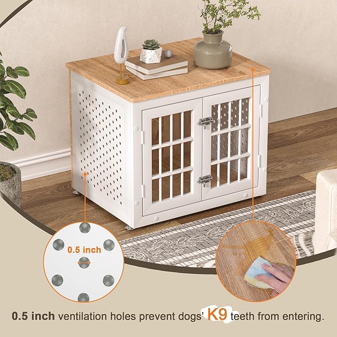 26" Heavy Duty Dog Crate Furniture for Small Dogs, Metal Kennel for High Anxiety Dogs, Chew Proof Pet Cage Indoor, Decorative Dog Kennel End Table,White-PawvioPets