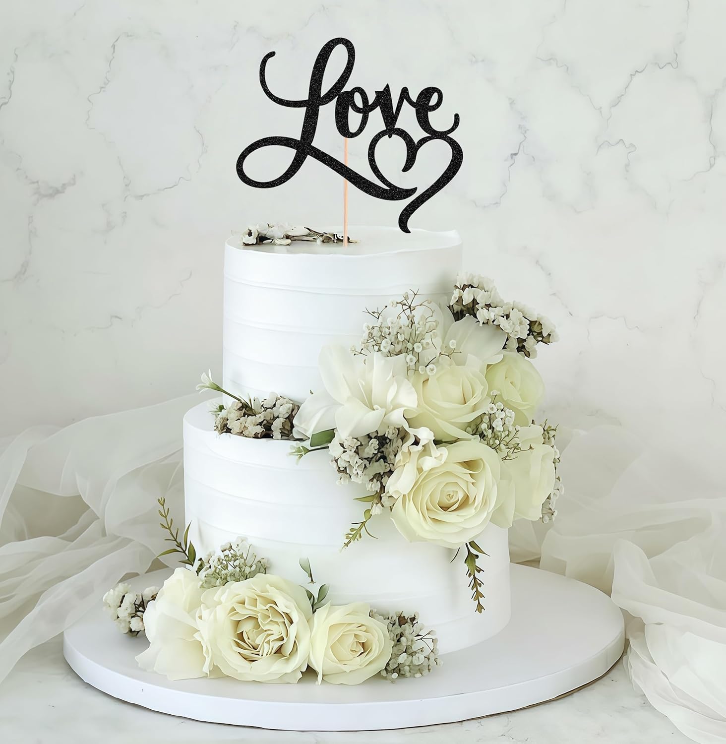Love Cake Topper - Black Glitter Paper Wedding Cake Decoration Supplies, Perfect for Bridal Shower/Engagement/Anniversary/Birthday Party