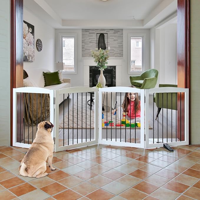 Freestanding Panel Dog Gate for Indoor, Doorways, Stairs, or Hallways - Foldable Wooden Pet Fence With Support Feet - 24" Height, 4 Panels, White-PawvioPets