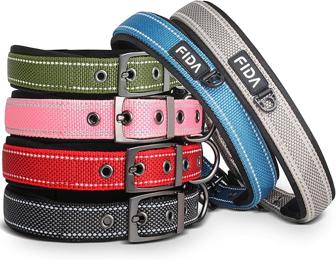 Fida Heavy Duty Dog Collar, Ultra Comfortable Soft Neoprene Padded, Adjustable Reflective Nylon Pet Collar with Durable Metal Belt Buckle for Small Breeds (S, Green)-PawvioPets