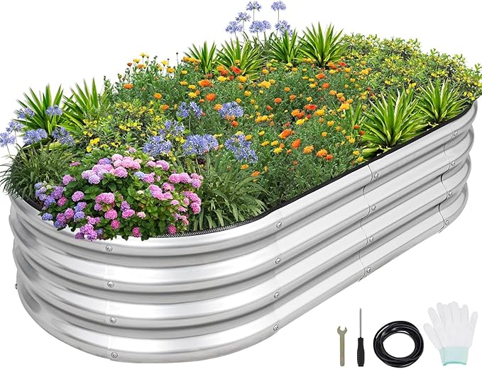 1MORE Galvanized Raised Garden Bed- Planter Garden Boxes Outdoor, Raised Beds for Gardening, 4x2x1ft Metal Garden Bed Kit for Vegetables Flower, Planter Raised Bed with Protective Tape & Tools.Silver-PawvioPets