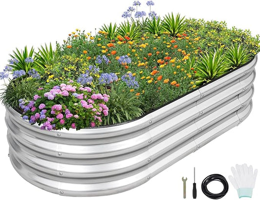 1MORE Galvanized Raised Garden Bed- Planter Garden Boxes Outdoor, Raised Beds for Gardening, 4x2x1ft Metal Garden Bed Kit for Vegetables Flower, Planter Raised Bed with Protective Tape & Tools.Silver-PawvioPets
