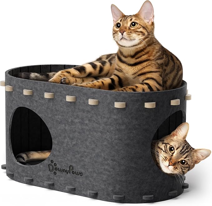 DownyPaws Cat House for Indoor Cats, Cat Bed Cave for Multiple & Large Cats Up to 22 Lbs, Scratch Resistant Peekaboo Cat Caves, Foldable Tunnel Enclosed Bed, PeekaPurr, Sesame Gray-PawvioPets