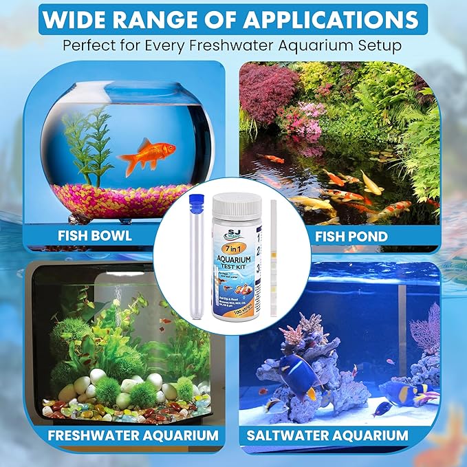 7 in 1 - Aquarium Test Strips | 100 Fast & Accurate Strips | Fish Tank Aquariums Water Test Kit & ebook | Aquarium Thermometer | Fish Tank Water Testing Kit for Fresh & Saltwater | Versatile Usage-PawvioPets