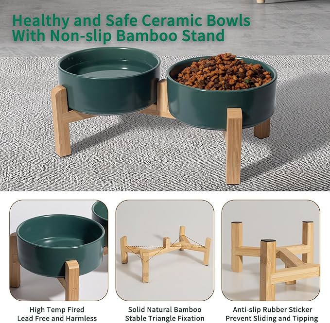 Elevated Ceramic Dog Bowl Set - Raised Feeding Bowls with Non-Slip Bamboo Stand - Small Pet Dishes for Food and Water - Ideal for Cats and Puppies - 16.23 OZ - 2 Cups - 480 ML-PawvioPets