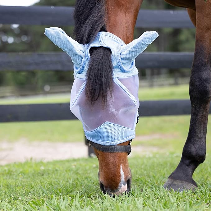 Equinavia Algard Soft Mesh Horse Fly Mask with Ear Protection and 45 UPF Rating | No Eye Irritation & UV Protection - Light Blue - Warmblood-PawvioPets