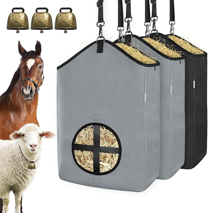 3 PCS Goat Hay Feeder,Hay Bags for Horses,Goats,Donkeys with Reinforced Oxford Fabric and High Strength Metal Clasp,Horse Feeding Supplies with Adjustable Strap for Easy Hanging (2Grey+1Black)-PawvioPets
