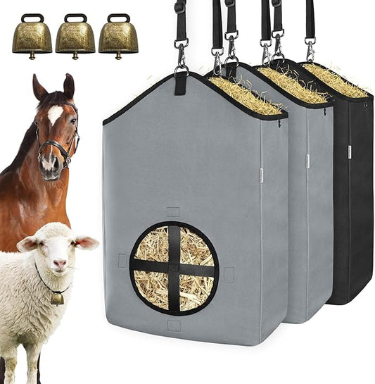 3 PCS Goat Hay Feeder,Hay Bags for Horses,Goats,Donkeys with Reinforced Oxford Fabric and High Strength Metal Clasp,Horse Feeding Supplies with Adjustable Strap for Easy Hanging (2Grey+1Black)-PawvioPets