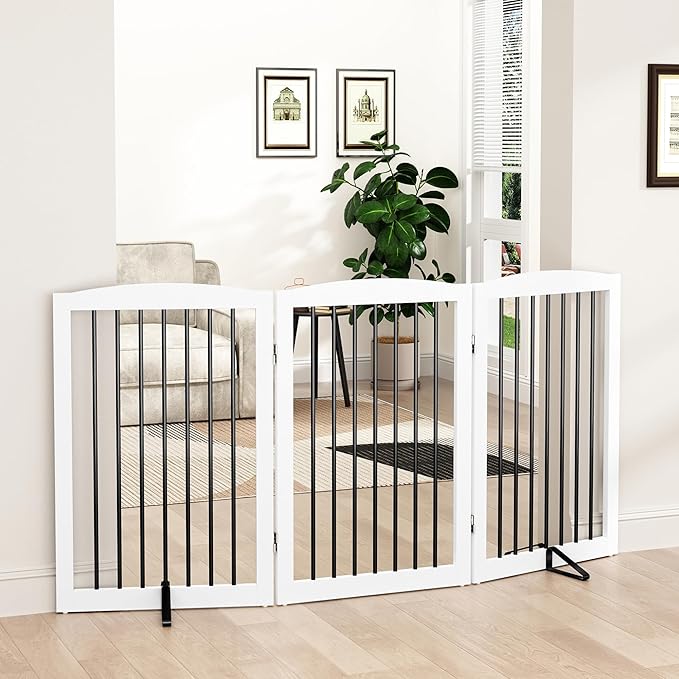 Freestanding Pet Gate for Dogs, Foldable Wooden Dog Gate for House Indoor, Tall Pet Fence for Stair, Doorway,Hall, Support Feet Included, 3 Panels 32",White-PawvioPets