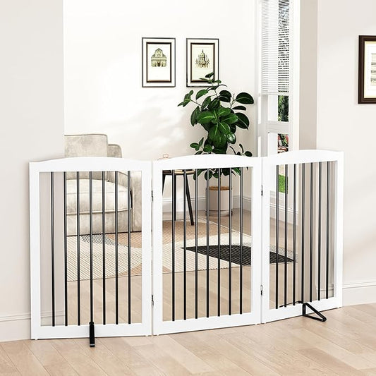 Freestanding Pet Gate for Dogs, Foldable Wooden Dog Gate for House Indoor, Tall Pet Fence for Stair, Doorway,Hall, Support Feet Included, 3 Panels 32",White-PawvioPets