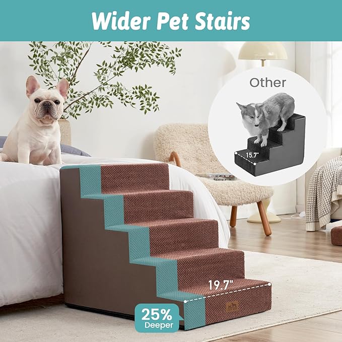 Dog Stairs for Small Dogs, 5 Tier Wider Pet Stairs for High Beds, 23.6" H Non-Slip Dog Steps for Old Cats, Puppies, Small Medium Dogs, 29.5x19.7x23.6 inch, Brown-PawvioPets