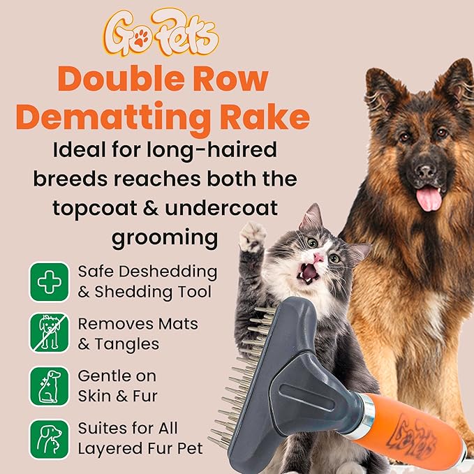 GoPets Double Row Dematting Rake, Undercoat Grooming Tool for Thick and Long Coat Pets, Ideal for Sensitive Skin, Reduces Breakage, Supports Daily Shedding Control, Detangler for Dogs and Cats-PawvioPets